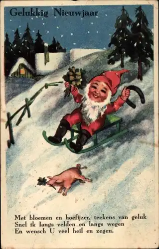 Ak Glückwunsch Neujahr, Gelukkig Nieuwjaar, Zwerg auf Schlitten, Schwein, Kleeblätter