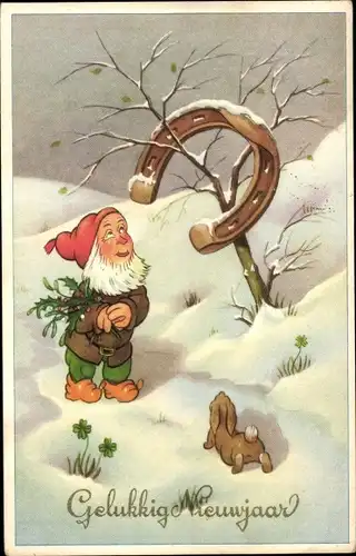 Ak Glückwunsch Neujahr, Gelukkig Nieuwjaar, Zwerg, Hufeisen, Hase