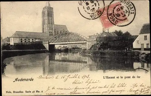 Ak Oudenaarde Audenarde Ostflandern, L'Escaut et le pont de fer