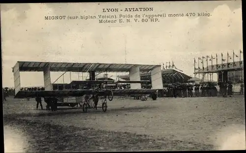 Ak Lyon Rhône, Aviation, Mignot sur biplan Voisin, Doppeldecker