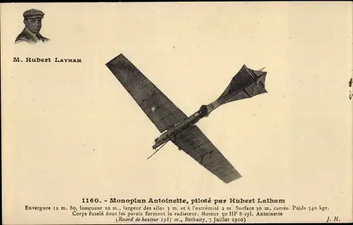 Ak Monoplan Antoinette, pilote par Hubert Latham, Flugzeug, Flugpionier