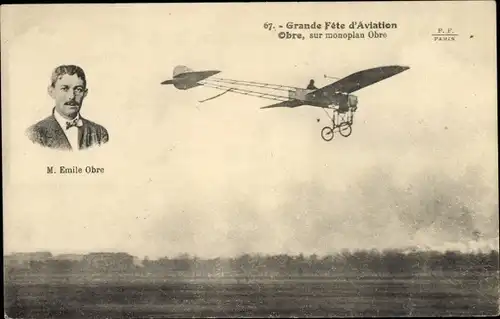 Ak Grande Fete d'Aviation, Emil Obre sur monoplan Obre, Flugzeug, Flugpionier