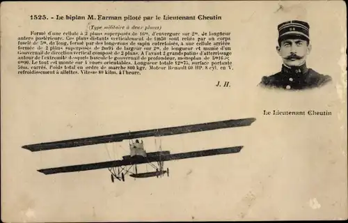 Ak Biplan Farman pilote par Lieutenant Cheutin, type militaire