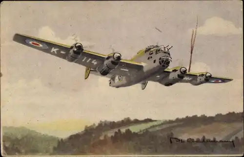Künstler Ak Britisches Militärflugzeug Halifax, Constructeur Handley-Page