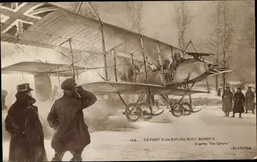 Ak Depart d'un Biplan avec Bombes, Britisches Flugzeug, Soldaten