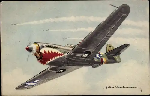 Künstler Ak Amerikanisches Kampfflugzeug, Hotspur, Curtiss Warhawk P 40
