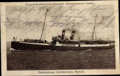 Ak Doppelschrauben Schnelldampfer Kronprinzessin Cecilie, Mecklenburger Seebäder Linie Rostock