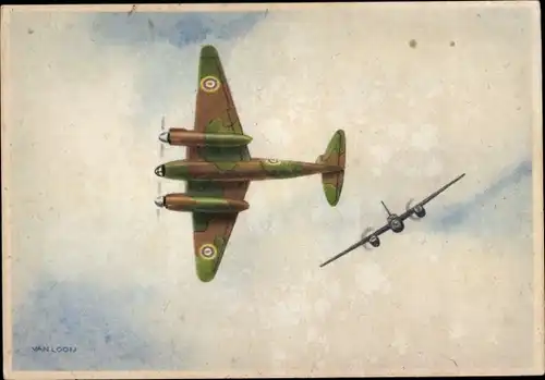 Künstler Ak Looij, v., Britisches Militärflugzeug, De Havilland Mosquito, Jachtkruiser