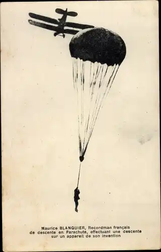 Ak Maurice Blanquier, Recordman francais de descente en Parachute, Fallschirmspringer