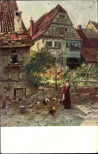 Künstler Ak Thamm, Adolf, Besigheim im Kreis Ludwigsburg, Alte Häuser, Frau mit Kind, Hühner