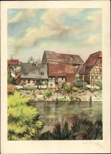 Künstler Ak Höfer, A., Besigheim im Kreis Ludwigsburg, Stadtpanorama, Flusspartie