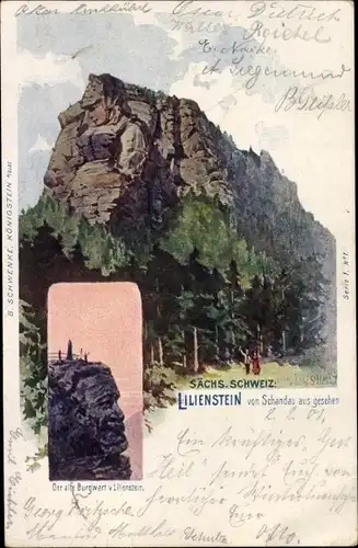 Künstler Litho Bad Schandau an der Elbe, Lilienstein, Der alte Burgwart