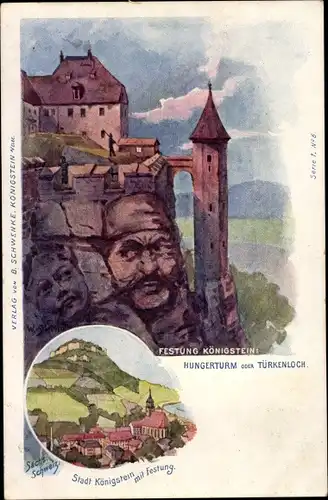 Litho Königstein an der Elbe Sächsische Schweiz, Festung, Hungerturm, Türkenloch, Berggesichter