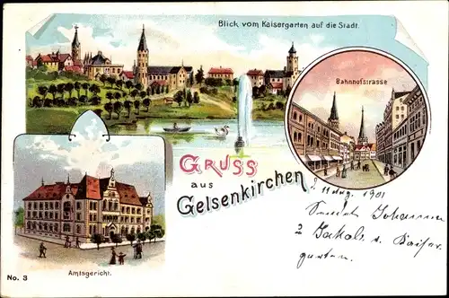 Litho Gelsenkirchen im Ruhrgebiet, Amtsgericht, Bahnhofstraße, Stadt vom Kaisergarten aus