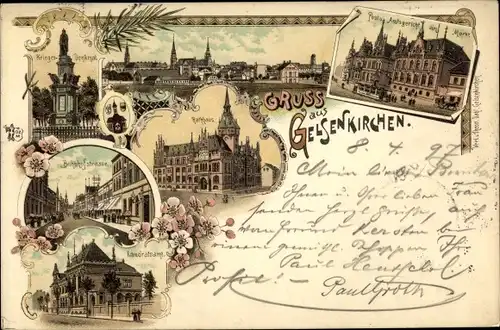 Litho Gelsenkirchen im Ruhrgebiet, Amtsgericht, Post, Markt, Rathaus, Bahnhofstraße, Landratsamt