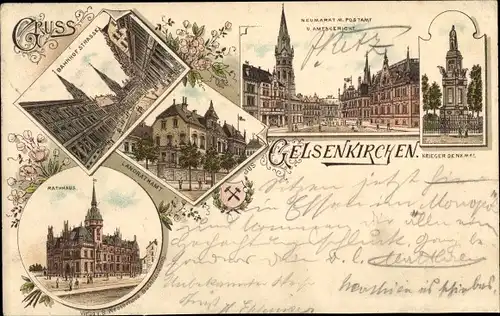 Litho Gelsenkirchen im Ruhrgebiet, Rathaus, Bahnhofstraße, Neumarkt, Postamt, Kriegerdenkmal