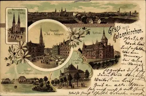 Litho Gelsenkirchen im Ruhrgebiet, Moltkeplatz, Kath. Kirche, Neumarkt, Rathaus, Landratsamt