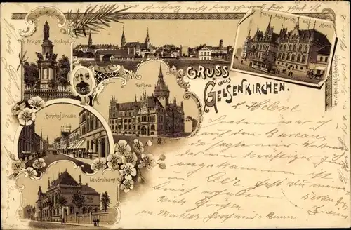 Litho Gelsenkirchen, Kriegerdenkmal, Bahnhofstraße, Rathaus, Landratsamt, Post, Amtsgericht, Markt