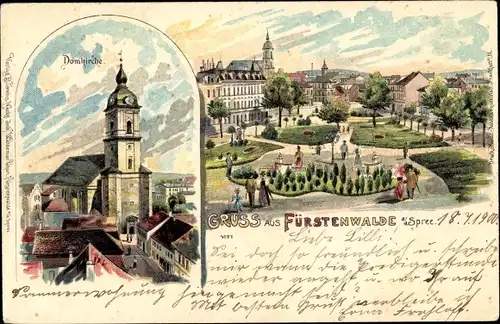 Litho Fürstenwalde an der Spree, Domkirche, Parkanlage
