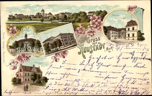 Litho Neustadt Glewe in Mecklenburg, Rathaus, Technikum, Neues Schloss, Postamt