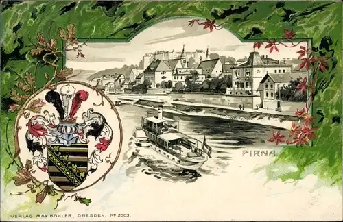 Präge Wappen Passepartout Litho Pirna an der Elbe, Teilansicht, Dampfer