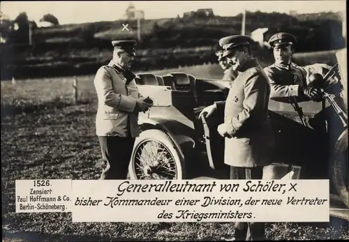 Ak Generalleutnant von Schöler, Deutsche Soldaten in Uniformen, Auto, I WK