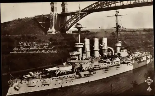 Ak Deutsches Kriegsschiff, SMS Hannover, Linienschiff, Kaiser Wilhelm Kanal, Grünentaler Hochbrücke