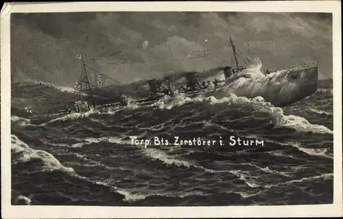 Foto Ak Deutsches Kriegsschiff, Torpedobootszerstörer im Sturm, Kaiserliche Marine