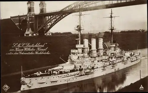 Ak Deutsches Kriegsschiff, SMS Deutschland, Kaiser Wilhelm Kanal, Grünentaler Hochbrücke
