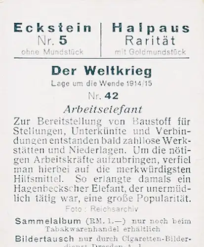 Sammelbild Der Weltkrieg, Lage um die Wende 1914/15 Nr. 42 Arbeitselefant aus Hagenbecks Tierpark