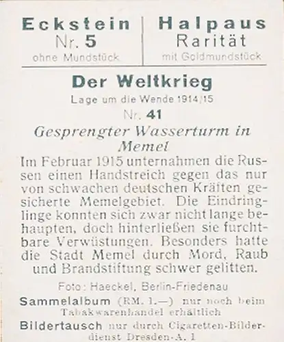 Sammelbild Der Weltkrieg, Lage um die Wende 1914/15 Nr. 41 Gesprengter Wasserturm in Memel