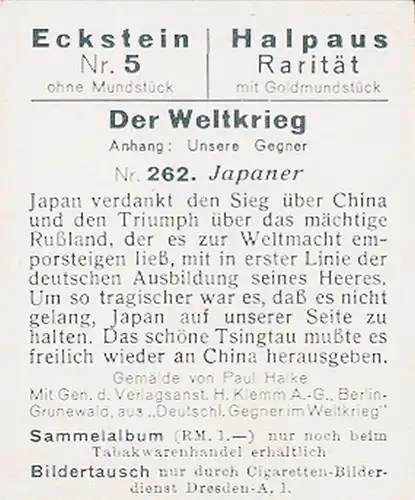 Sammelbild Der Weltkrieg, Anhang: Unsere Gegner Nr. 262, Japaner