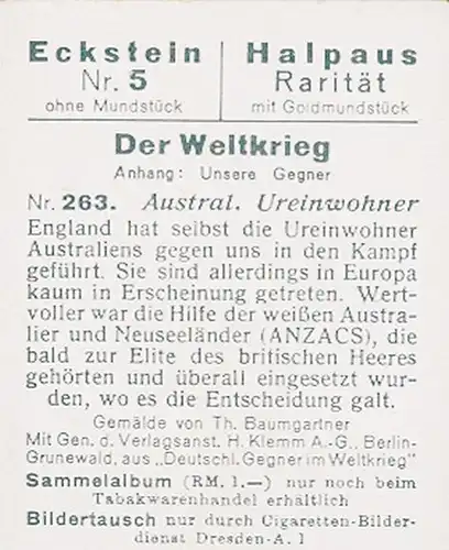 Sammelbild Der Weltkrieg, Anhang: Unsere Gegner Nr. 263 Australische Ureinwohner, ANZACS