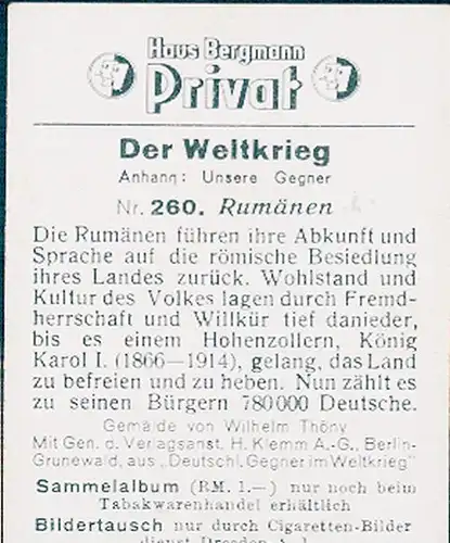 Sammelbild Der Weltkrieg, Anhang: Unsere Gegner Nr. 260 Rumänen