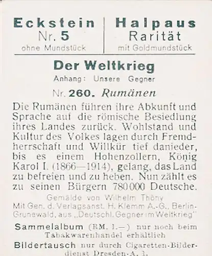 Sammelbild Der Weltkrieg, Anhang: Unsere Gegner Nr. 260 Rumänen