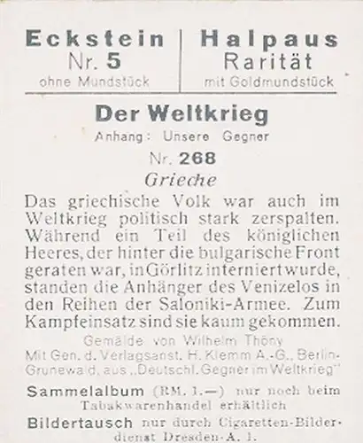 Sammelbild Der Weltkrieg, Anhang: Unsere Gegner Nr. 268, Grieche