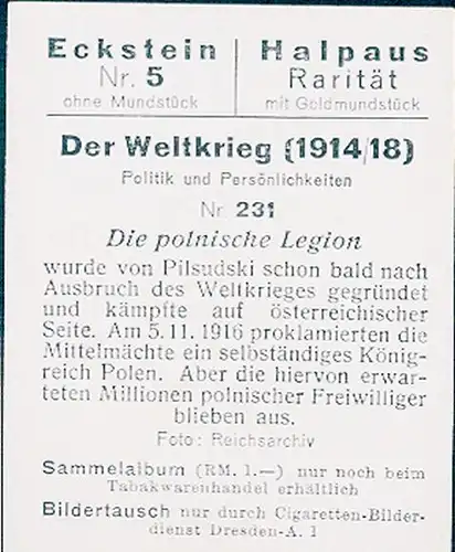 Sammelbild Der Weltkrieg 1914/18, Politik und Persönlichkeiten Nr. 231, polnische Legion