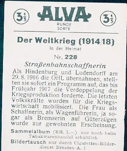 Sammelbild Der Weltkrieg 1914/18, In der Heimat, Nr. 228, Straßenbahnschaffnerin