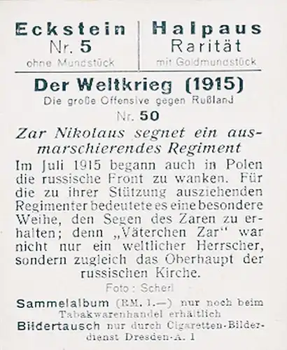 Sammelbild Der Weltkrieg 1915, Die große Offensive gegen Russland Nr. 50, Zar Nikolaus, Regiment