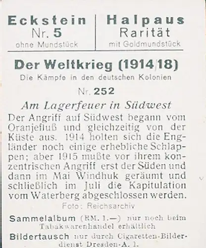 Sammelbild Der Weltkrieg 1914/18, Die Kämpfe in den deutschen Kolonien Nr. 252, Lagerfeuer DSWA