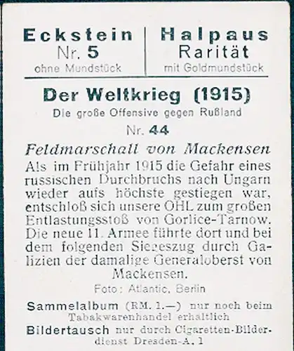 Sammelbild Der Weltkrieg 1915 Die große Offensive gegen Russland Nr. 44, Feldmarschall von Mackensen