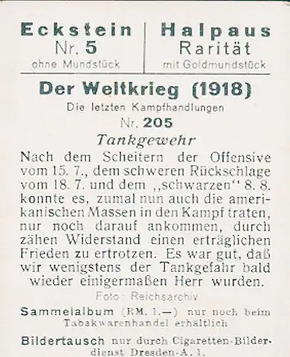 Sammelbild Der Weltkrieg 1918, Die letzten Kampfhandlungen Nr. 205, Tankgewehr