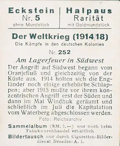 Sammelbild Der Weltkrieg 1914/18, Die Kämpfe in den deutschen Kolonien Nr. 252, Lagerfeuer, DSWA