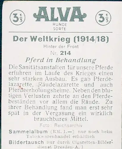 Sammelbild Der Weltkrieg 1914/18 Hinter der Front Nr. 214 Pferde in Behandlung, Sanitätsanstalt