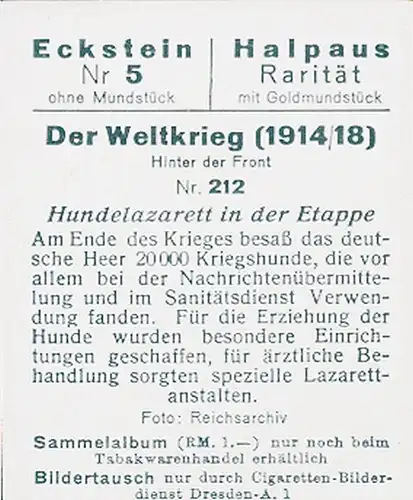 Sammelbild Der Weltkrieg 1914/18, Hinter der Front Nr. 212, Hundelazarett in der Etappe