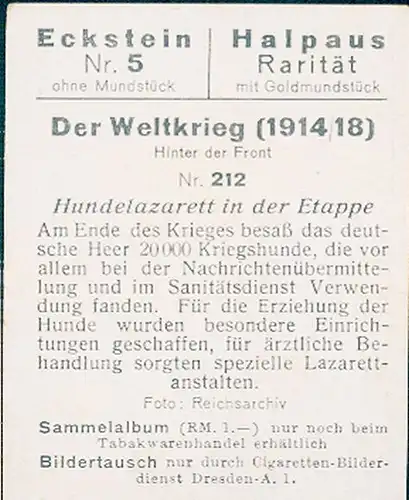 Sammelbild Der Weltkrieg 1914/18, Hinter der Front Nr. 212, Hundelazarett in der Etappe