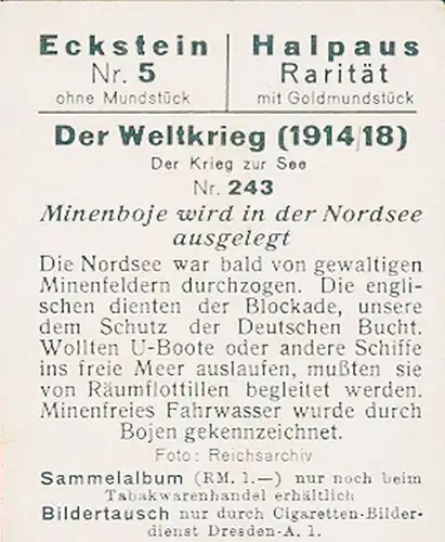 Sammelbild Der Weltkrieg 1914/18, Der Krieg zur See Nr. 243, Minenboje wird ausgelegt, Nordsee