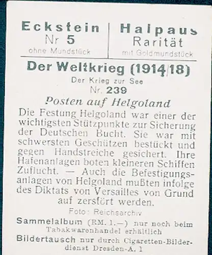 Sammelbild Der Weltkrieg 1914/18, Der Krieg zur See Nr. 239 Posten auf Helgoland, Hochseefestung