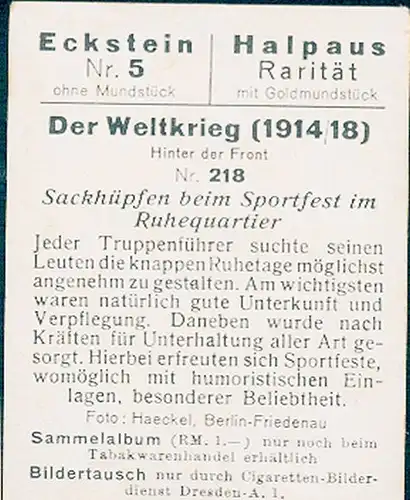 Sammelbild Der Weltkrieg 1914/18, Hinter der Front Nr. 218 Sackhüpfen beim Sportfest im Ruhequartier