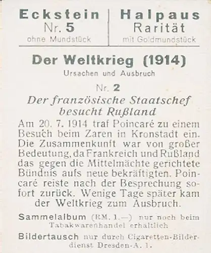 Sammelbild Der Weltkrieg 1914, Ursachen und Ausbruch Nr. 2, französ. Staatschef Poincaré in Russland